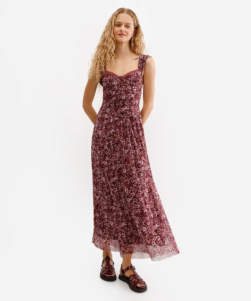 Vestido Longo Floral Marsala com Renda