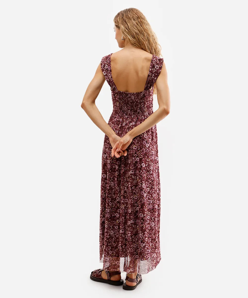 Vestido Longo Floral Marsala com Renda