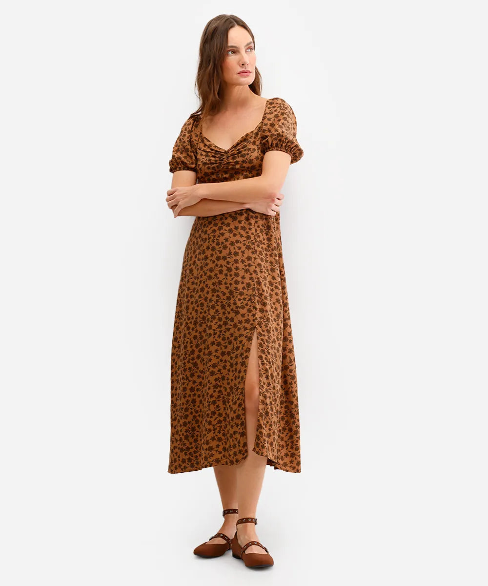 Vestido Midi Floral com Fenda Lateral